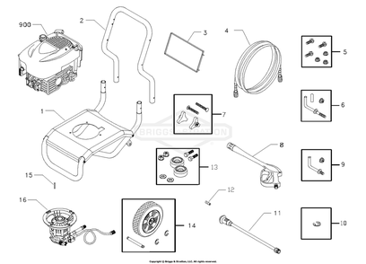 Main Unit Diagram and Parts List for 1899-1  Briggs and Stratton Pressure Washer